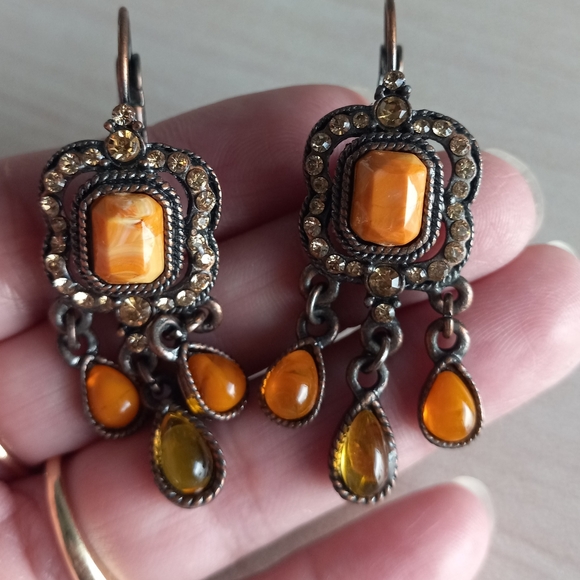 Vintage Orange Stone Brown Cubic Zirconia Dangle Earrings with Clasp Backing - Picture 12 of 12
